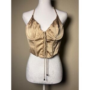 Y2K 36point5 Champagne Satin Lace Up Corset Halter Top Gold Size L